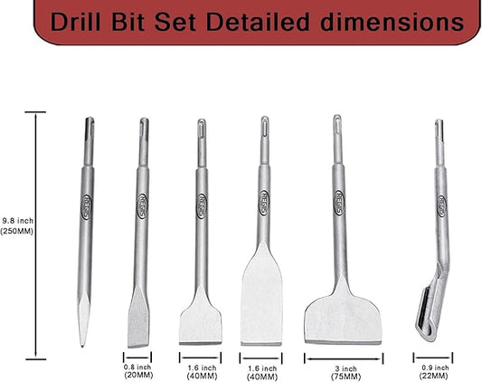 6 pcs SDS Plus Chisel Set, Masonry Concrete Drill Bit Set, Tile Removal Chisel Bits for Rotary Hammer with Point Flat Wide Inclined Grooving Scraping Scaling Removing Tile Thinset