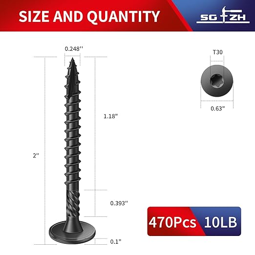 #14 x 2 Inch Outdoor Structural Wood Deck Screws (470Pcs/10lb), Carbon Steel, Black, Flat Head, Rust Resistant Epoxy Coated, T30 Star Bit