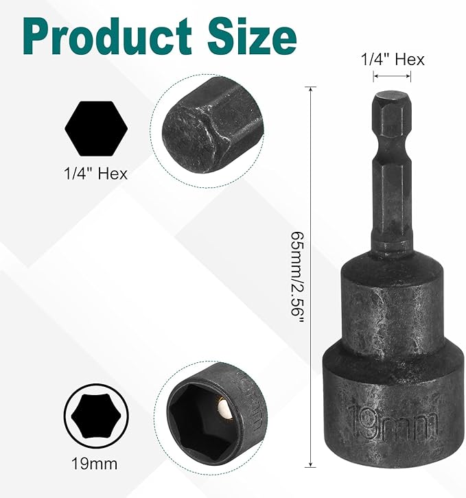 uxcell 2Pcs 1/4" Hex Shank 19mm Magnetic Hex Socket 65mm Length, CR-V Steel Quick-Release Power Nut Driver Set with Socket Wrench Screw for Impact Drill Nut Setters Black