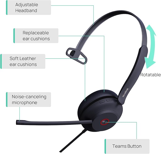 Yealink UH37 Professional Wired USB-A Headset with Noise Cancelling Microphone for Computer PC, Mono Headphones with Mute Control, Compatible with Teams, Zoom, and Other Online Conference