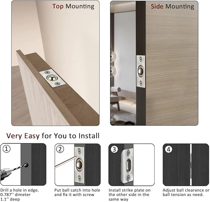 JQK Closet Door Ball Catch Hardware, Stainless Steel Catch Adjustable with Strike Plate, Brushed Satin Finish 4 Pack, HBC100-P4