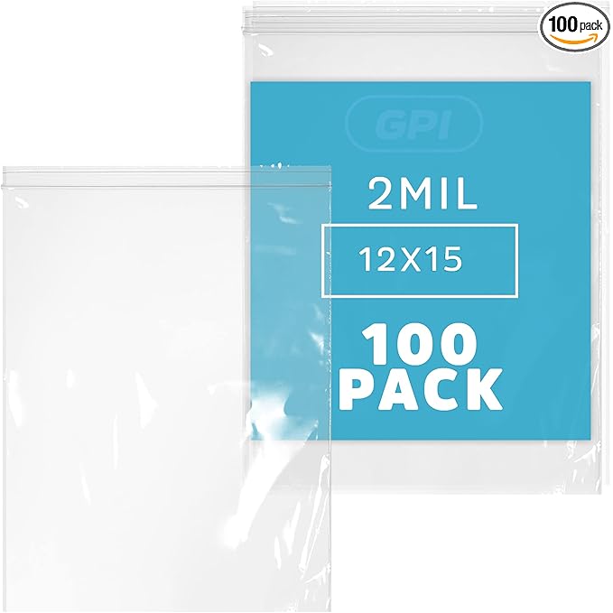 GPI - 12" x 15" Zip Bags, 100 Count, Clear Plastic Reclosable Zipper Poly Baggies, with Resealable Zip Top Lock. for Freezer, Apparel, Clothing, Food, Home & Office Supplies.