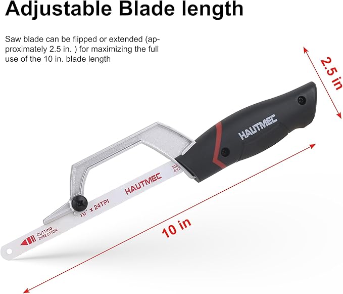 HAUTMEC Compact Hacksaw, Mini Hack Saw with 10" Bi-Metal HSS Blade, Cutting Guide Design & Tool-Free Screws, Small Hand Saw for Metal Wood PVC, Especially Cuts in Tight Hard-Reach Spaces – HT0427