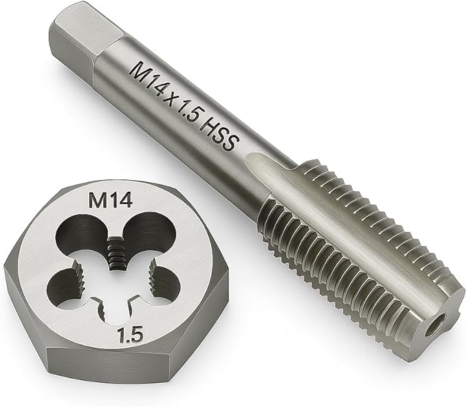 M14 x 1.5 Metric Tap and Die Set HSS Machine Tap and GCr15 Alloy Steel Hex Die Right Hand Thread Cutting Tool for Metal Repair