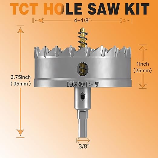 4-1/8" TCT Hole Saw for Hard Metal, Heavy Duty 105mm Tungsten Carbide Tipped Hole Cutter with Spring-Loaded Pilot Drill Bit for Stainless Steel, Metal, Iron, and Plastic.