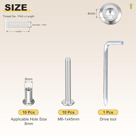 METALLIXITY Furniture Crib Screws Replacement Set with Wrench(M6-1x45mm) 20Pcs, Connector Bolts M6 Screw Barrel Nuts Binding Screws, for Chair Cabinet Bed, Silver