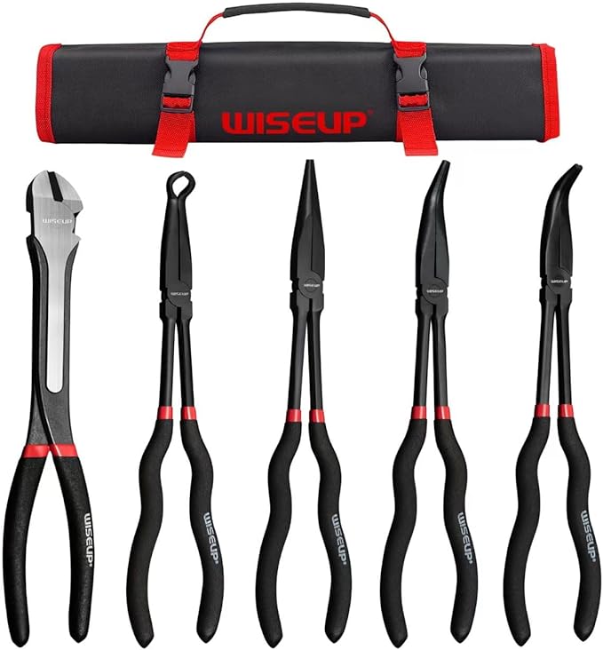 WISEUP 5Pcs Long Needle Nose Pliers Set 竊똏remium Carbon Steel竊?1" Long Reach Straight 竊?5째 Bent Nose 竊?0째 Bent Nose Plier竊똃iagonal Pliers for Narrow Spaces