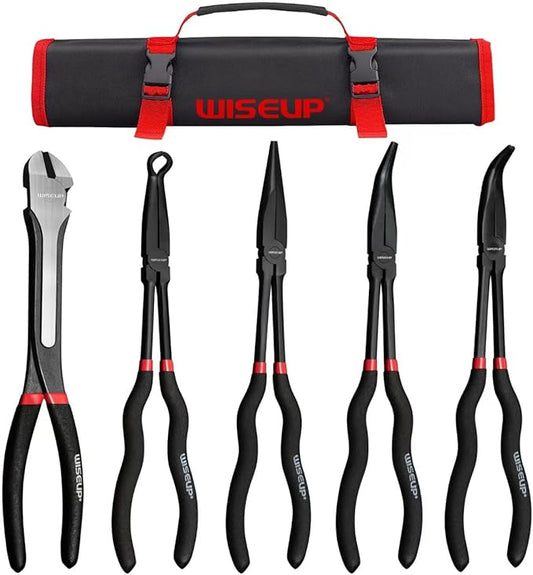 WISEUP 5Pcs Long Needle Nose Pliers Set 竊똏remium Carbon Steel竊?1" Long Reach Straight 竊?5째 Bent Nose 竊?0째 Bent Nose Plier竊똃iagonal Pliers for Narrow Spaces