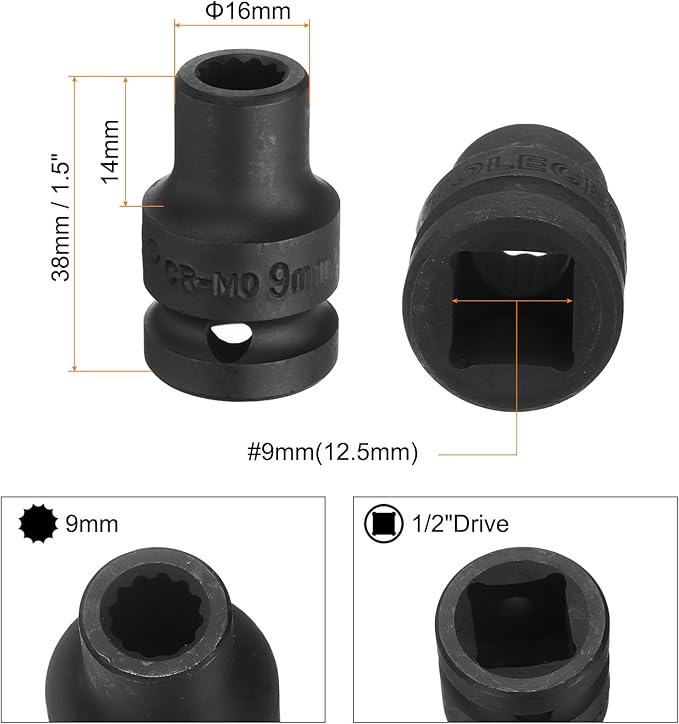 uxcell 1/2" Drive x 9mm Shallow Impact Socket 12-Point Metric CR-MO Steel Nut Impact Grade Socket for Auto Repair