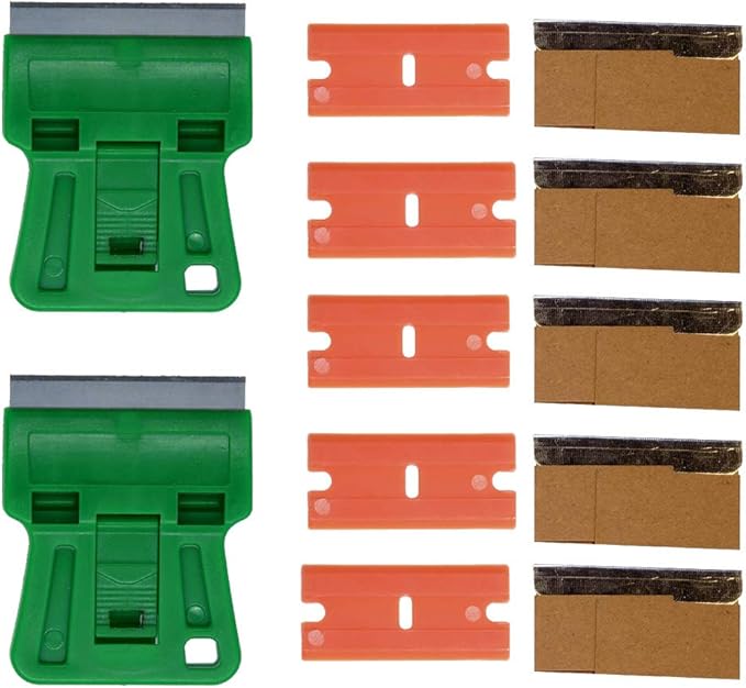 1.5 inches High Visibility Mini Razor Blade Scraper Glass Scraper Green Paint Window Scraper With 5 Metal Scraper Razor Blades 5 Dual Plastic Double Edge Razor Blades Removing Decal Stickers
