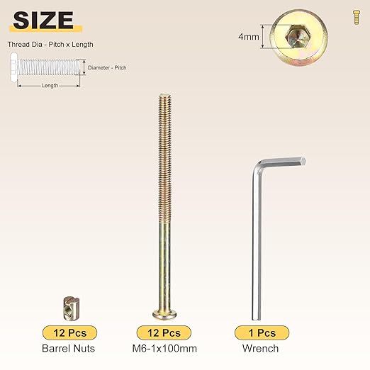 METALLIXITY Furniture Crib Screws Replacement Set with Wrench(M6-1x100mm) 24Pcs, Connector Bolt M6 Screw Barrel Nuts Binding Screws, for Chair Cabinet Bed, Yellow