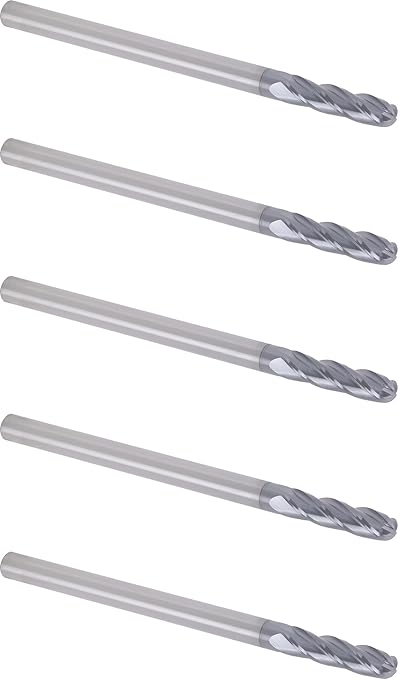 CME 5 pcs Micrograin Carbide End Mills, Ball Nose, TiAlN Coated, 3/8" Mill Diameter, 1 1/2" Length of Cut, 6" Overall Length, 4 Flute, Center Cutting