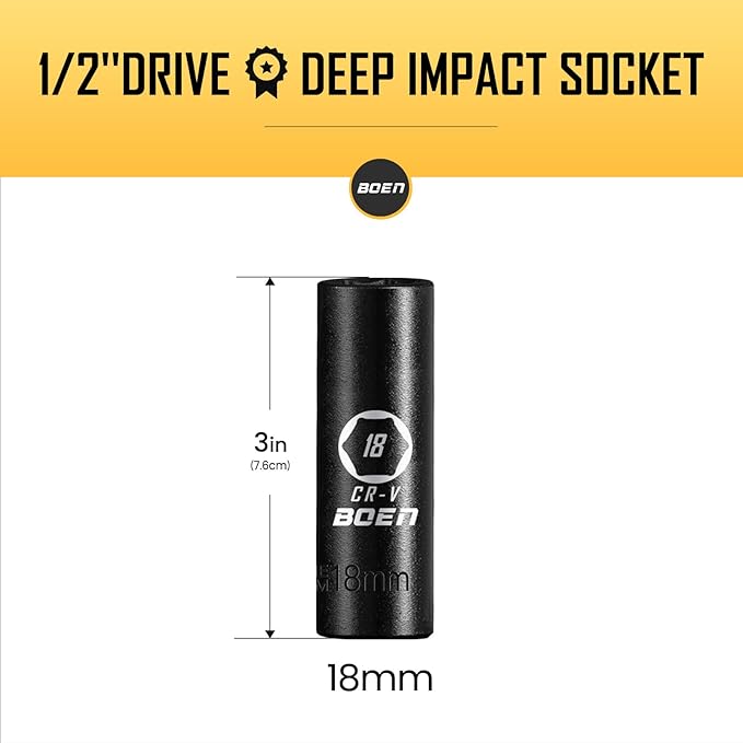 BOEN 1/2" Drive Deep Impact Socket,18mm Premium Socket,Metric,6 Point,Cr-V Steel with Laser Marking - Strong and Durable