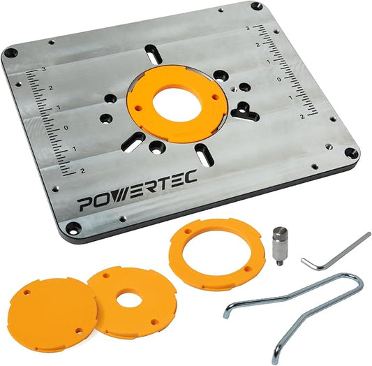 POWERTEC Aluminum Router Table Insert Plate with Reducer Rings, Leveling Screws, and Starting Pin ??Compatible with Bosch, DeWalt, Makita, and Other Brands for Woodworking with Router Tables (71850)