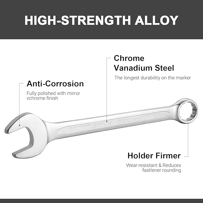 Jetech 30mm Combination Wrench - Industrial Grade Spanners with 12-Point Design, 15-Degree Offset, Made with Durable Chrome Vanadium