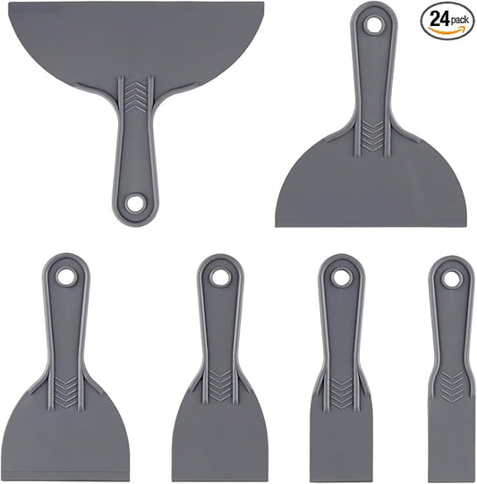 24 PCS Putty Knife Set, 6 Sizes Plastic Putty Knife Scraper, Flexible Plastic Paint Scraper Tool for Spackling, Wallpaper Scraper Tool, Grey