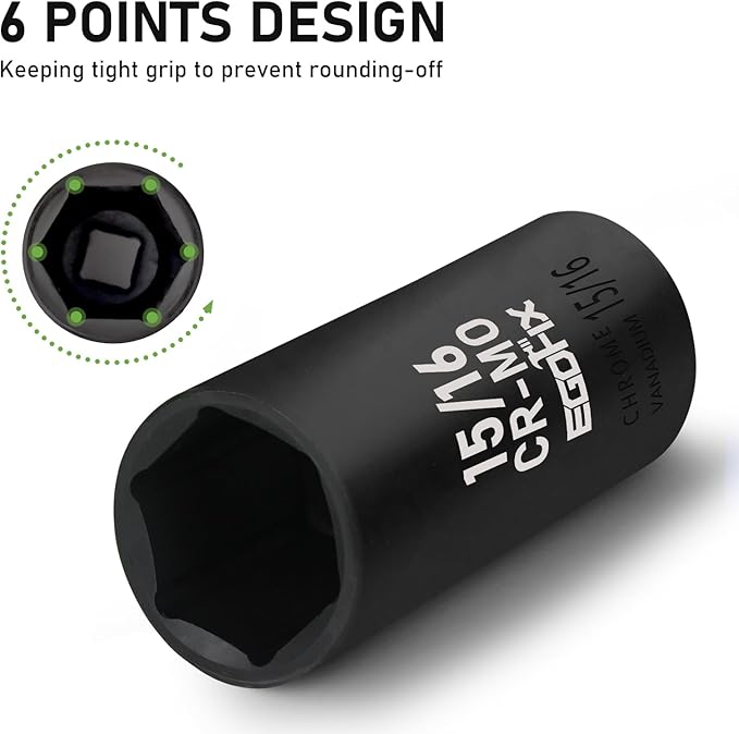1/2" Drive Deep Impact Socket, 15/16 Inch SAE Socket, CR-MO 6 Point for Easy Removal of Axle Nut