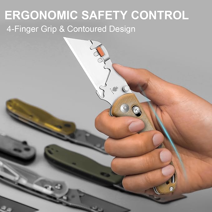 Kizer Uti Bear(Tool-Free Version) Folding Utility Knife, Quick Change Box Cutter EDC knife with 5PCS Razor Blades, Clutch Lock & Pocket Clip Small Pocket Knives for Men Women V3619JA7