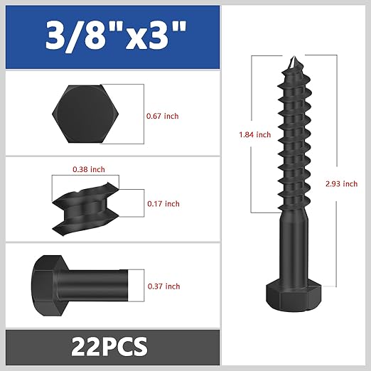 Lag Screws Wood Screws (22PCS, 3/8"x3", Black) Hex Head Lag Bolts,(10x75) Heavy Duty Lag Screws,304 Stainless Steel Bolts 18-8