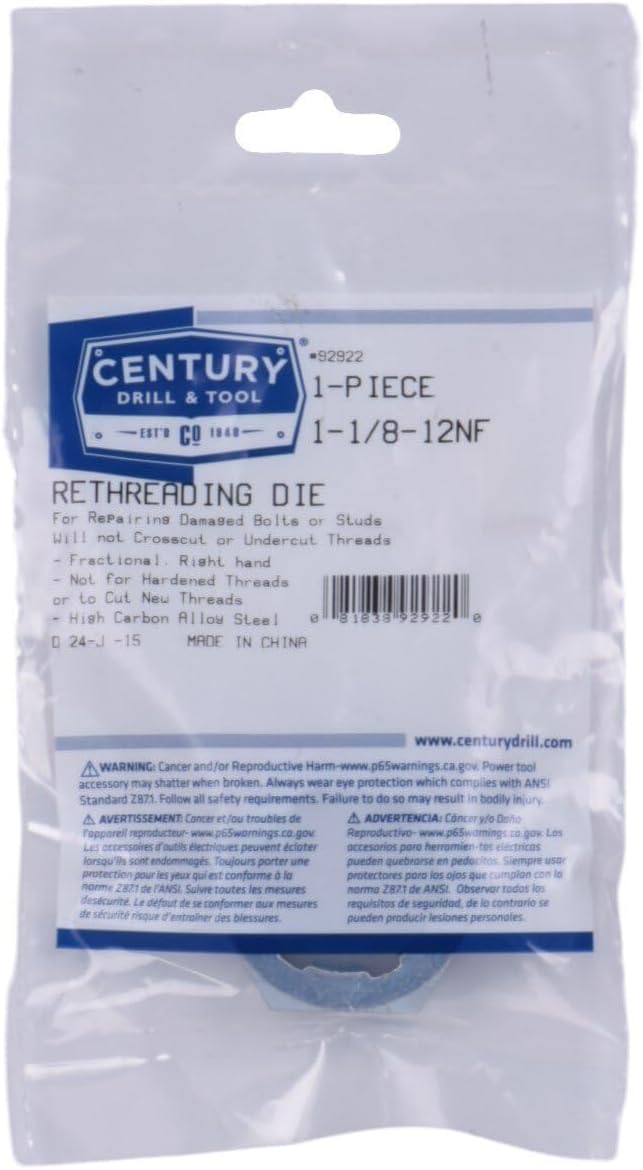 Century Drill & Tool 92922, 1-1/8-12 NF, National Fine Fractional Right Hand Rethreading Die, High Carbon Steel, Fix Bolts or Studs