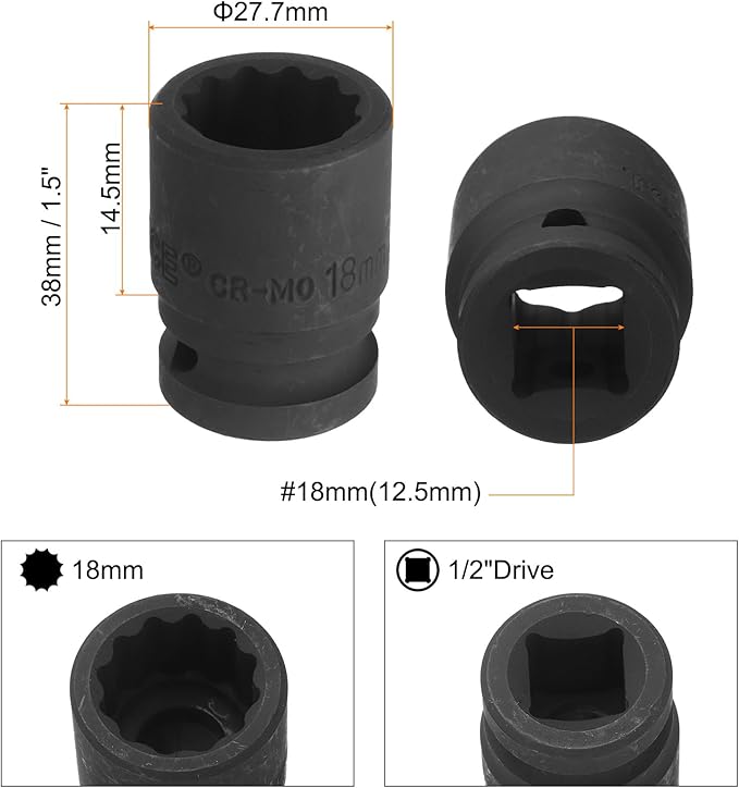 uxcell 1/2" Drive x 18mm Shallow Impact Socket 12-Point Metric CR-MO Steel Nut Impact Grade Socket for Auto Repair