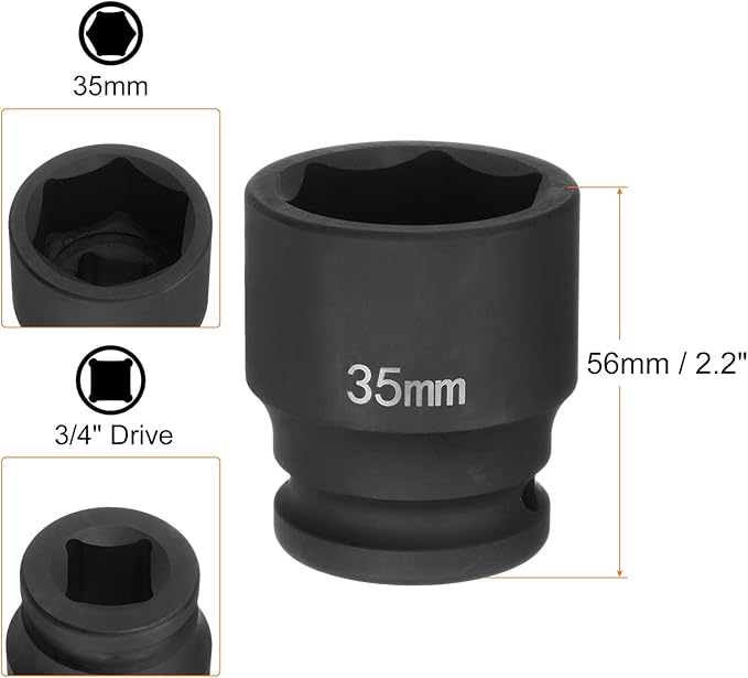 HARFINGTON 6-Point Impact Socket 3/4" Drive 35mm Metric 40Cr Alloy Steel Spindle Axle Nut Impact Socket