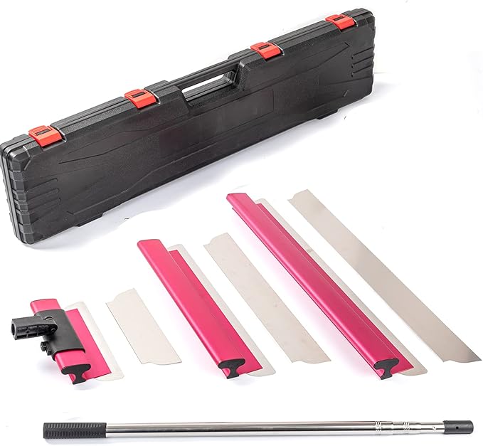 BHTOP Drywall Tools Skimming Blade with Extension Handle - 12", 22" & 32" Blades Extruded Aluminum 301 Stainless Steel Construction Tools End Caps, Wall-Board with 0.5mm&0.35mm Thickness Pink