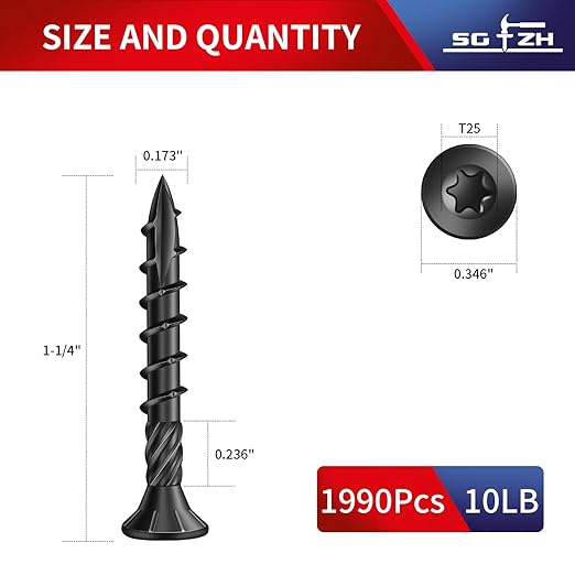 #8 x 1-1/4" Deck Screws (1990Pcs) 10lb. Carbon Steel, Black, Flat Head, Rust Resistant epoxy Coated, with T25 Star Bit