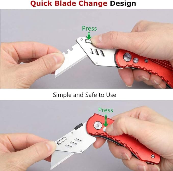 Folding Box Cutter Heavy Duty Utility Knife, Razor Knife, Lightweight Aluminum Handle, Back-lock Mechanism, Stainless Belt Clip, with 5-piece Extra SK5 Blades, for Carpet, Carton, Box, Cardboard Red