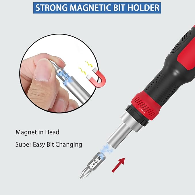 Ratcheting Screwdriver Bit Set, WOOPHEN 13-in-1 Multi Bit Ratchet Screw with Magnetic 1/4 Nut Driver Screwdriver, Suitable for Garage, Home, Workplace and DIY Repair (Red)