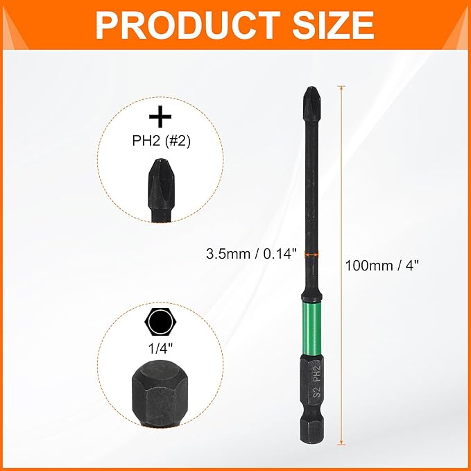 HARFINGTON 3pcs #2 Impact Phillips Screwdriver Bit PH2 1/4" Hex Shank 4" (100mm) Long 0.14" Rod Magnetic Cross Head Drill Bits S2 Steel Industrial Screw Driver for Impact Power Drivers