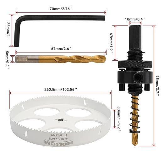 Mollom (260.5mm | 10-1/4") HSS M42 with 8% Cobalt BI-Metal Hole Saw with 2 Pilot Drill Bits & Arbor Smooth Cutting for PVC,Drywall,Wood,Plastic,Gypsum Board,Rubber