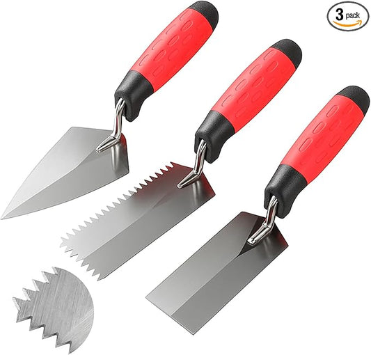 3 Pcs Masonry Tools Set High Carbon Steel 6'' V Notched Flooring Trowels, 5.5'' Pointing and 5'' Margin Trowel with Soft Handle Grip Bricklaying Hand Tool for Concrete Cement Plaster Tile Construction
