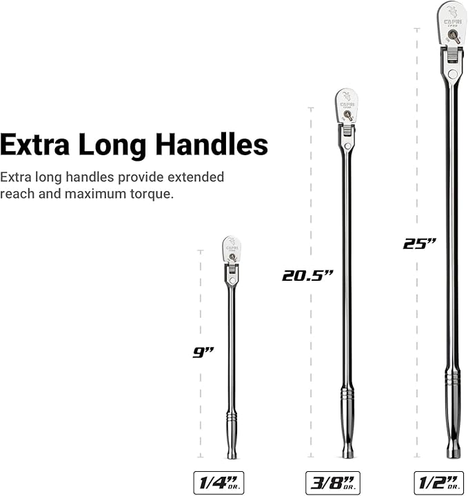 Capri Tools Fine 90-Tooth Locking Flex-Head Ratchet Set, Extra Long Chrome Handle, 1/4, 3/8, 1/2 in. Drive, 3-Piece