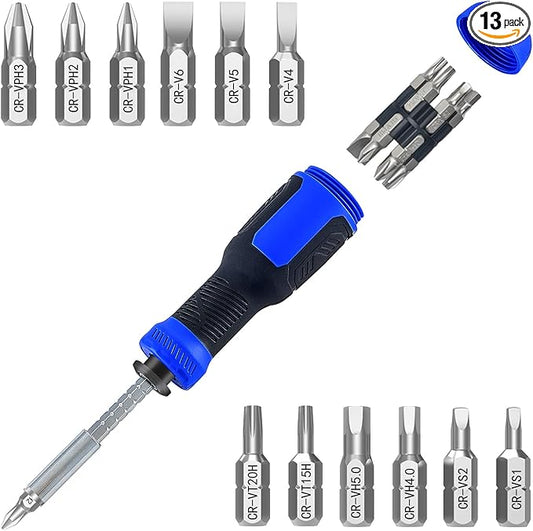 Multi-bit Screwdriver, 13-in-1 Screw Driver Adjustable Mini Screwdriver Set Multitool All in One with Torx Security, Phillips, Hex, Flat Head, Square and 1/4 Nut Driver (Blue)