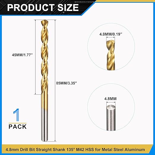 PATIKIL 4.8mm Drill Bit, M42 8% Cobalt High-Speed Steel Jobber Straight Shank 135° Titanium Nitride (TiN) Coated for Hard Metal Stainless Steel - 1 Pack