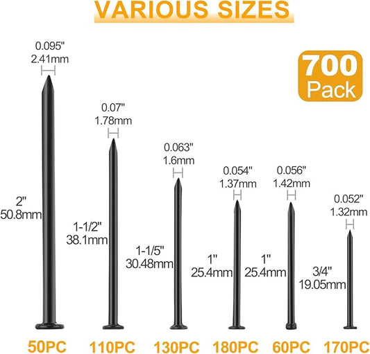 KURUI Black Nails for Hanging Wall Decor Tapestry Pictures Frame,700pc Picture Hangers for Bedroom Bathroom Office, 6 Sizes Small Finish Nails Assortment Kit,640 Frame Nails and 60 Finishing Nails
