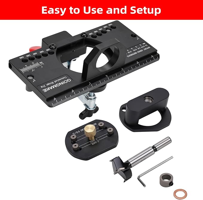 GOINGMAKE Metal Concealed Hinge Jig with Quick Clamp and Dust Vacuum Adapter Concealed Door Hinge Jig 35mm Cabinet Hinge Jig Hinge Hole Drilling Jig for Woodworking Door Cabinet Hinges Mounting Tool