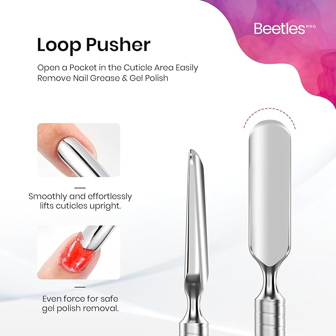 Beetles Pro Cuticle Pusher, Professional Stainless Steel Cuticle Remover Multi-function Dual Ended Nail Pusher for Fingernail Toenail Nail-Care Salon Manicure Needs