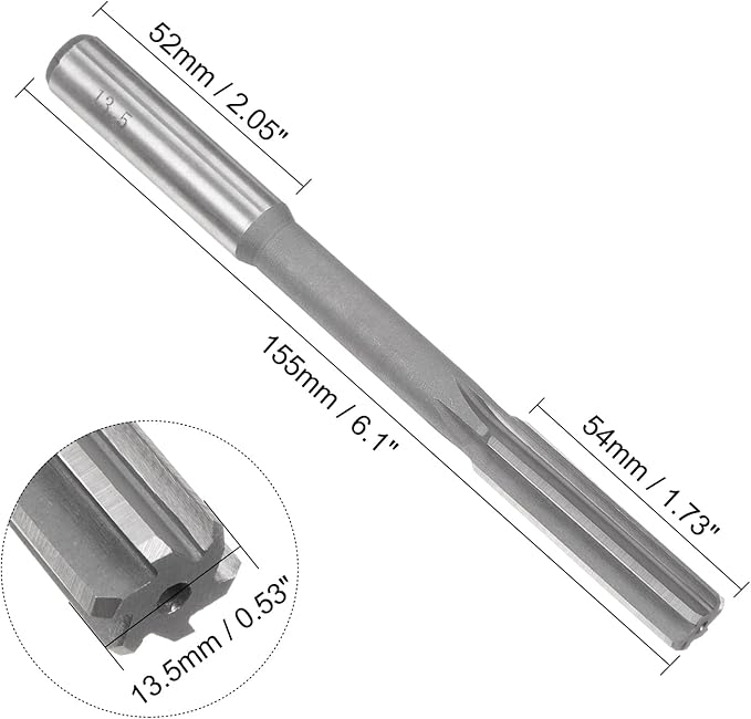 uxcell Chucking Reamer 13.5mm, H7 HSS Lathe Machine Reamer 6 Straight Flutes, Round Shank Milling Cutting Tool, Metric Reaming Drill Bit for Stainless Steel Metal Hole