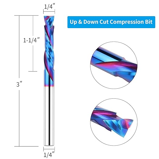 5PCS Compression Spiral Router Bits 1/4" Shank,1-1/4" Cutting Length, Extra Long 3 Inch, Carbide UP Down Cut CNC Router Bits End Mill for Wood Mortises Carving Engraving