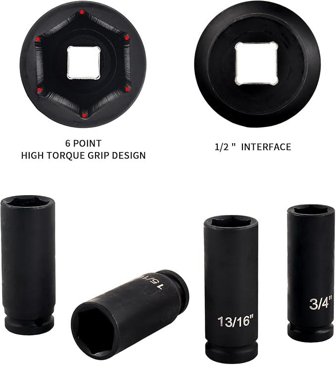 1/2" Impact Socket Set,14 Piece 6 Point Impact Set,Standard Impact Socket,SAE Sizes(3/8,7/16, 1/2, 9/16, 5/8, 11/16, 3/4, 13/16, 7/8, 15/16, 1, 1-1/16, 1-1/8, 1-1/4'') Deep Socket Set 1/2 Drive