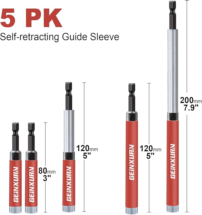 5 PCS Drive Guide with Self Retracting Sleeve, Mixed Length Magnetic Drill Bit Tip Holder for Prevent Screws Shaking When Driving
