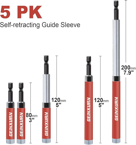 5 PCS Drive Guide with Self Retracting Sleeve, Mixed Length Magnetic Drill Bit Tip Holder for Prevent Screws Shaking When Driving