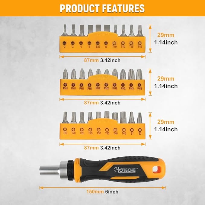 Hoteche 31-Piece Ratcheting Screwdriver Set ??Magnetic Bit Driver with 30 CR-V Bits (6.35횞25mm) | Reversible Ratchet, Ergonomic Handle, Storage Case for Home, DIY, and Workshop