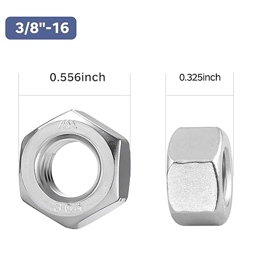 50 Pack 3/8-16 Hex Nuts, Stainless Steel 304 (18-8) Hex Nut, 3/8 Nut Standard Inch Coarse Thread Hex Machine Screw Nuts