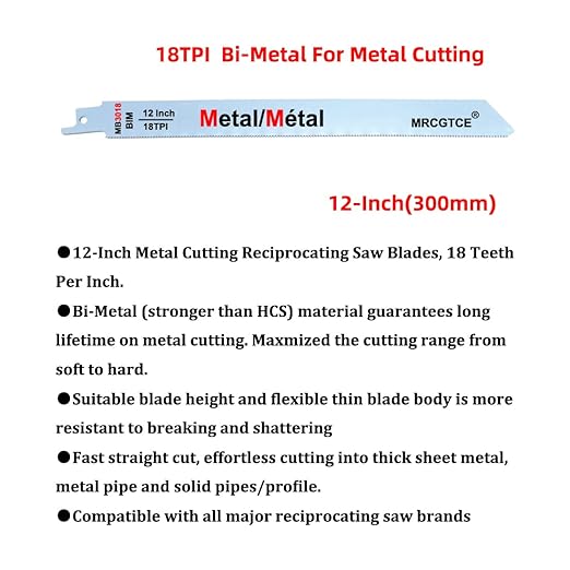 Metal Cutting Reciprocating Saw Blade, 12-Inch 18TPI Bi-Metal Recip Saw Blades (10pcs)