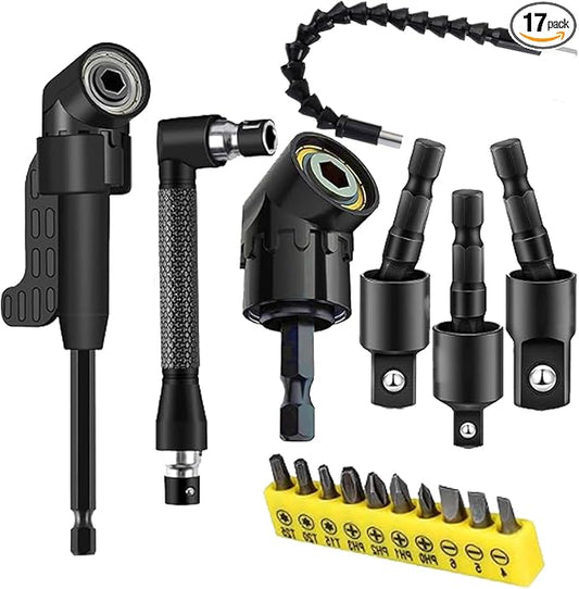 17-Pieces Flexible Drill Bit Extension Set with 3 rotatable socket adapters, 2 hex shank 105째 right angle drill attachments, 10 short screwdriver bits, and a 90째 angled bit with a flexible extension