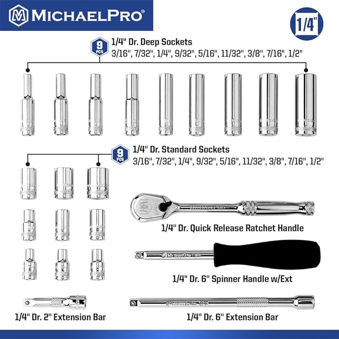 MichaelPro 22-Piece 1/4'' Drive Socket Set SAE 3/16'' - 1/2'', 90-Tooth Standard & Deep Sockets, CR-V Steel, 6-Point Design, with Spinner Handle, Extension Bar, Ratchet Handle | MP005058