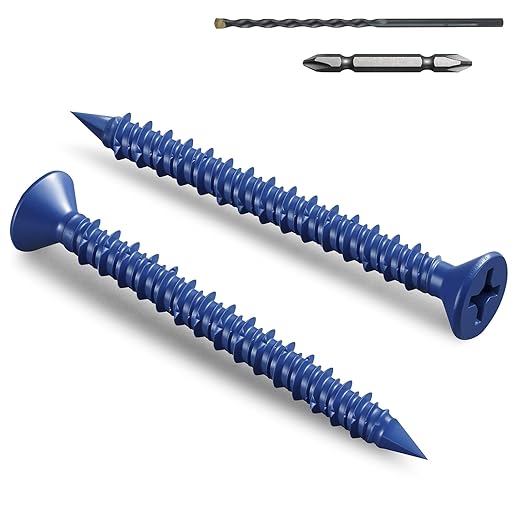 100Pcs 1/4 x 2-3/4 Inch Concrete Screws Anchor with Drill Bit, Blue Flat Head Masonry Brick Stucco Cement Block Screws, Diamond Point